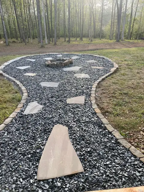 Gravel and flagstone path leading to a fire pit
