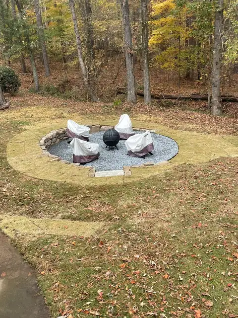 Fire pit circle in the wooded backyard